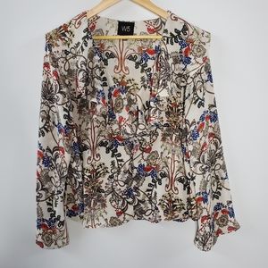 W5 floral ruffle v-neck boho top with wide sleeves Size L